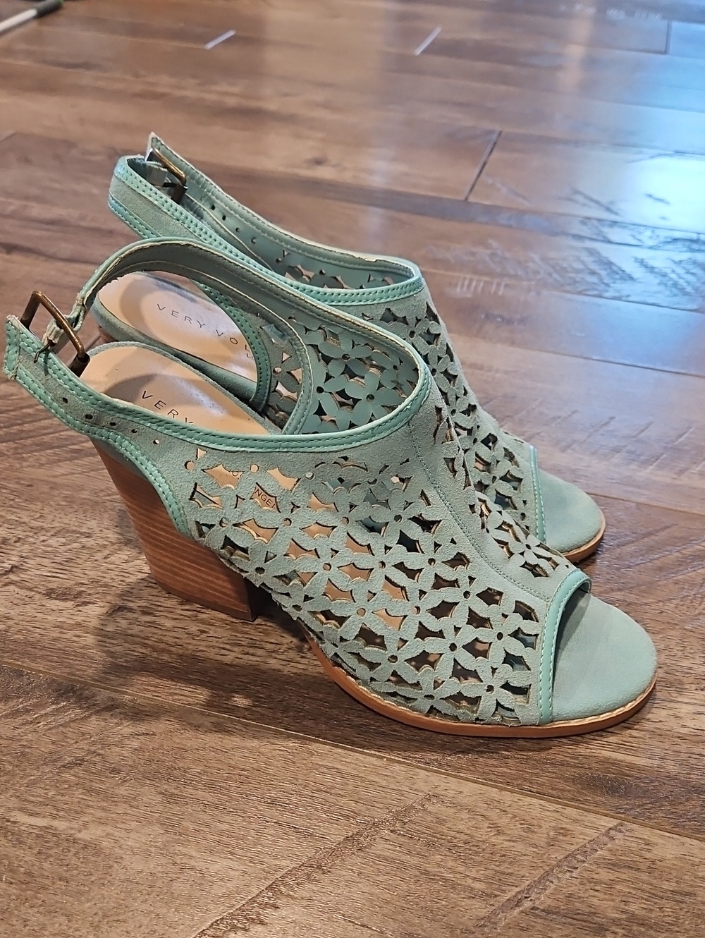Very Volatile Mint Green Cutout Slingback Wedges